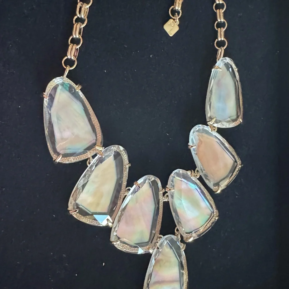 Elegant Gold and Beige Mother Pearl Iridescent Bib Necklace and Earring Set - Picture 7 of 8